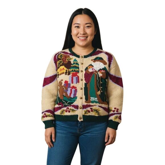 VTG Cardigan Bay Christmas Cardigan Sweater Hand Knit Sz 1X Cottagecore - Picture 1 of 12